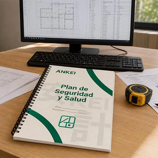 Cuaderno técnico encuadernado en espiral con la portada “Plan de Seguridad y Salud”, situado sobre una mesa de trabajo junto a planos de construcción, un flexómetro, un teclado y un monitor con documentación técnica. Imagen relacionada con la elaboración de planes de seguridad y salud para obras y proyectos de construcción.